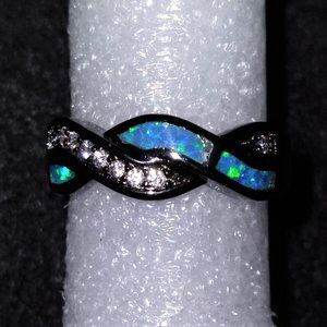 New Blue Lab-Created Fire Opal Black Gold Plated Ring – Size 7